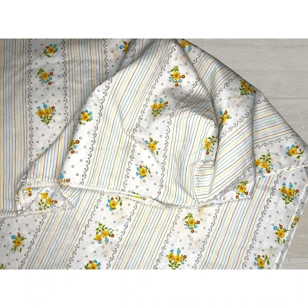 Vtg Thomaston Full Size Sheet Set 3pc White Floral Stripe Fitted Flat Pillowcase